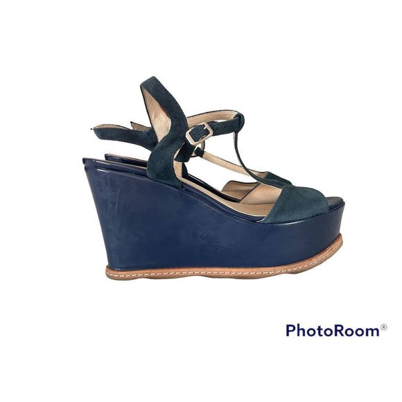 Dee Keller | Blue Suede Platform Ankle Strap Wedges | Sz 8.5 - Picture 1 of 5